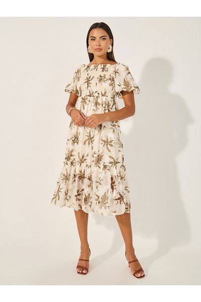 Styli Print Shirred Half Sleeves A-Line Midi Dress