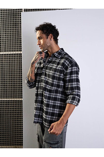 Mascln Sassafras By Styli Checked Raw Edge Hem Oversized Shirt