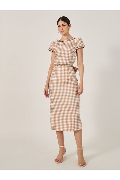 Styli Checked Short Sleeve Bodycon Midi Dress