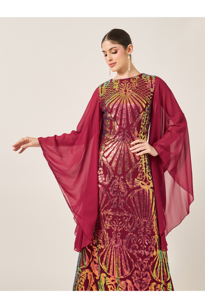 Styli batwing sleeve chiffon kaftan with embellished panel at centre