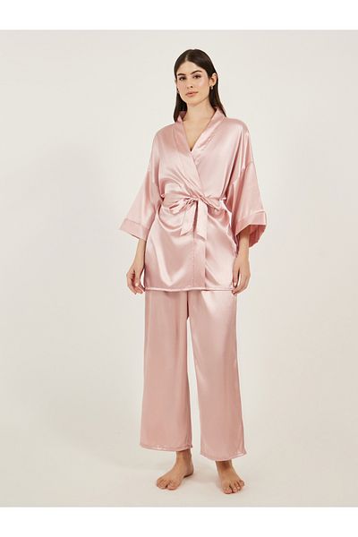 Styli Satin Tie Waist Kimono and Pyjama Set