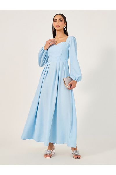 Styli Pleated Balloon Sleeves A-Line Maxi Dress