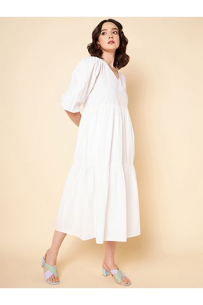 High Star By Styli Puff Sleeve V-Neck A-Line Midi Dress