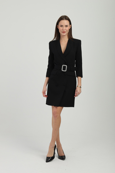 Milamia Çıkarılabilir Kemerli Uzun Siyah Kruvaze Ceket