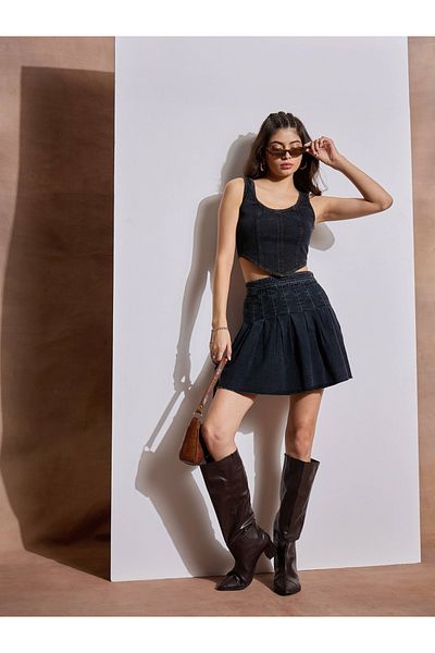 Sassafras By Styli Washed Denim Pleated A-Line Mini Skirt