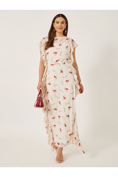 Styli Printed Ruffled Hem Sleeveless Sheath Maxi Dress