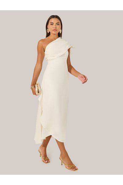 Styli Solid One Shoulder Neck A-Line Maxi Dress