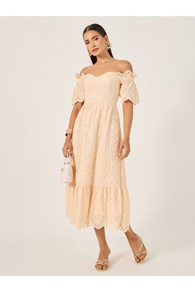 Styli Schiffli Off Shoulder A-Line Midi Dress