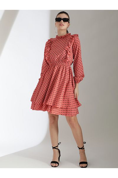 Kotty By Styli Polka Dot Print Layered Fit and Flare Knee Length Dress