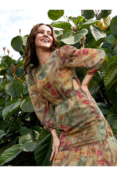 Sassafras By Styli Tropical Print Cut Out Waist Maxi Dress