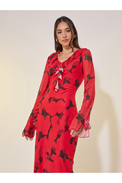 Take Two By Styli Floral Print Ruffled Detail V-Neck Midi Dress