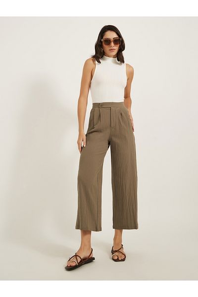 Styli Crinkled Pleated Cropped Wide Leg Pants