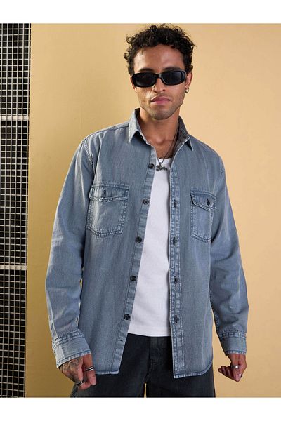 Mascln Sassafras By Styli Light Grey Tencel Washed Relax Fit Shirt