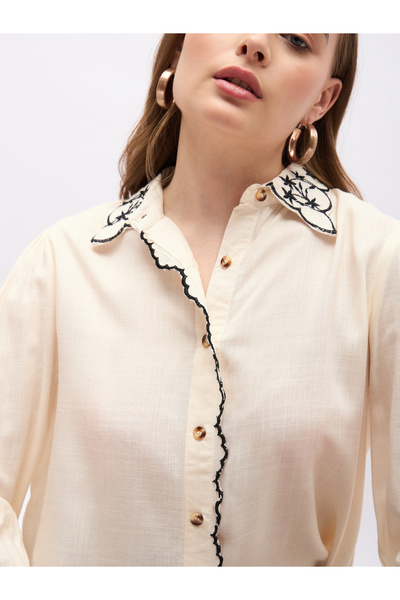 Styli Textured Embroidered Trim Spread Collar Shirt