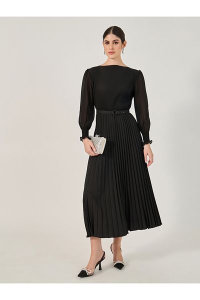 Styli Accordion Pleated Cuffed Sleeves A-Line Midi Dress