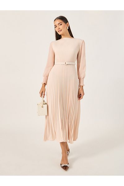 Styli Accordion Pleated Cuffed Sleeves A-Line Midi Dress
