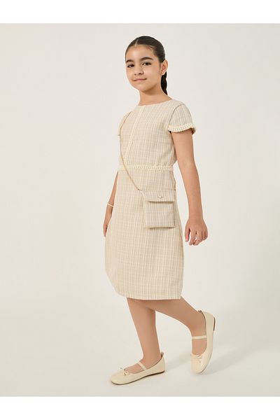 Styli Embellished Tweed Short Sleeve Dress with Bag