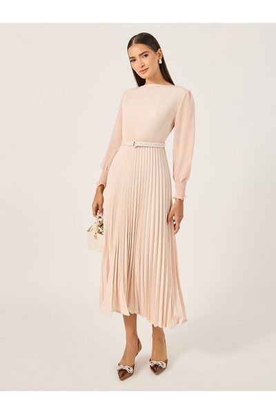 Styli Accordion Pleated Cuffed Sleeves A-Line Midi Dress