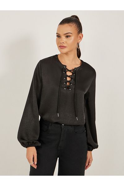 Styli Solid Lace Up Neckline Blouse with Balloon Sleeves