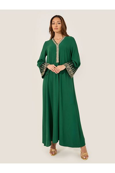 Styli Embroidered V-Neck Tasseled A-Line Jalabyia