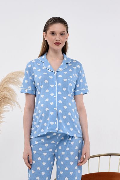 LadyMina Pijama Set de pijamale duble cu model inimă albastră pentru gravidă și maternitate