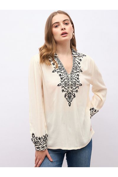 Styli Embroidered Regular Fit Collared Top