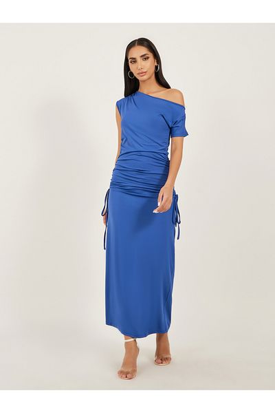 Styli Ruched Side Asymmetric Neck Bodycon Maxi Dress