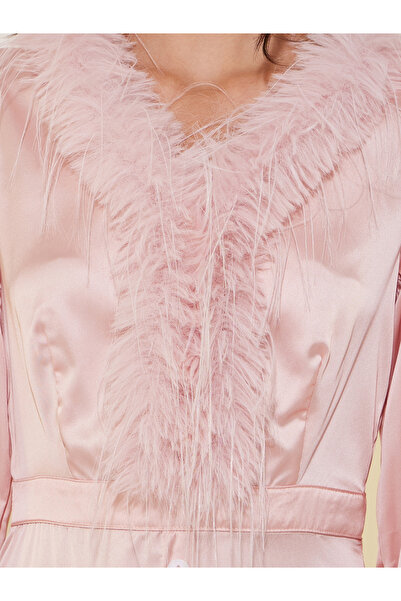 Take Two By Styli Solid Satin V-Neck Feather Trim Maxi Dress