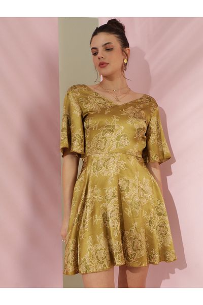 Kotty By Styli Floral Print Satin Fit and Flare Mini Dress with Flared Sleeves