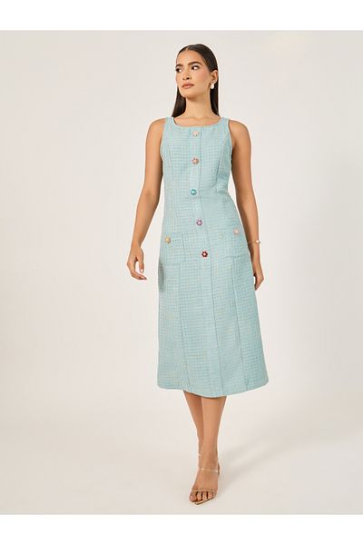 Styli Tweed Sleeveless A-Line Midi Dress with Button Detail