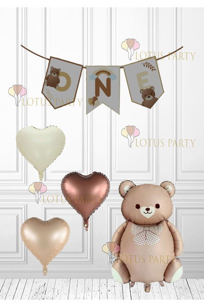 LOTUS PARTY One Lettering - One Banner - Retro Bear One Banner - Retro Bear - Retro Heart Foil Balloon