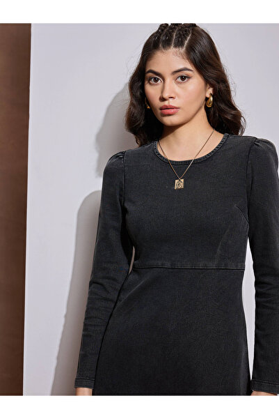 Sassafras By Styli Washed Denim Flared Hem A-Line Mini Dress