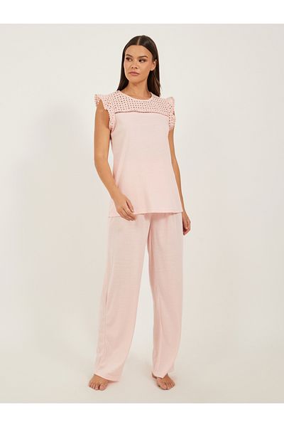 Styli Schiffli Yoke Pompom Trim Detail Top and Pyjama Pants Set