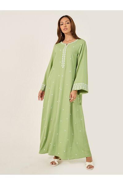Styli Embroidered Notch Neck A-Line Jalabyia