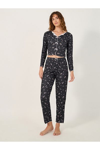 Styli All Over Print Ribbed Top and Pyjama Pants Set with Lettuce Edge Hem