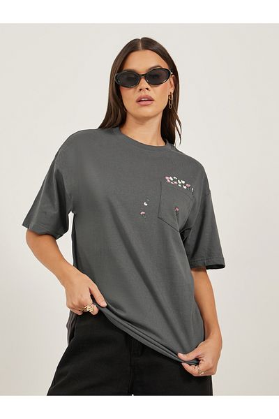 Styli Embroidered Pocket Round Neck Oversized T-Shirt