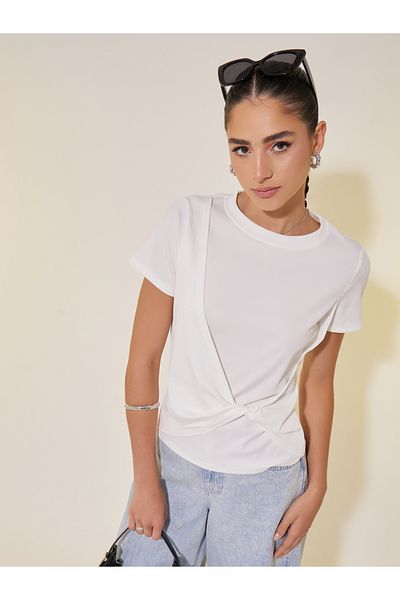 Styli Rib Round Neck Front Plain T-Shirt