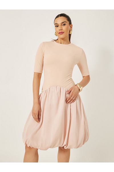 Styli Round Neck Balloon Hem A-Line Knee-Length Dress