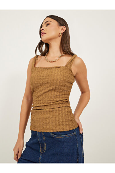 Styli Textured Ruched Strappy Fitted Tank T-Shirt