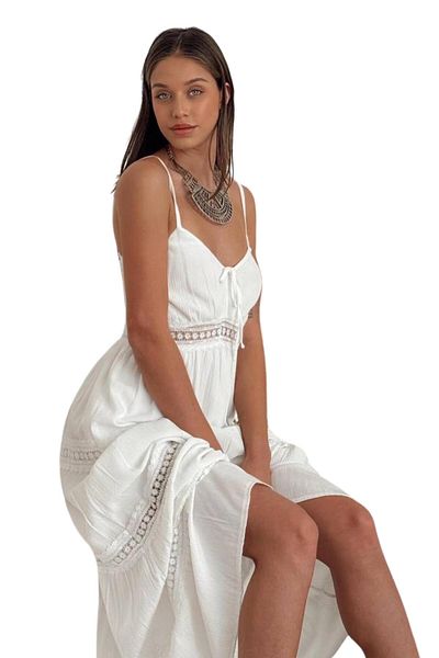 Moda Amore Rochie de vară de in pentru femei - Design cu dungi orizontale din dantelă cu detaliu Gipe pe bretele la spate 8530