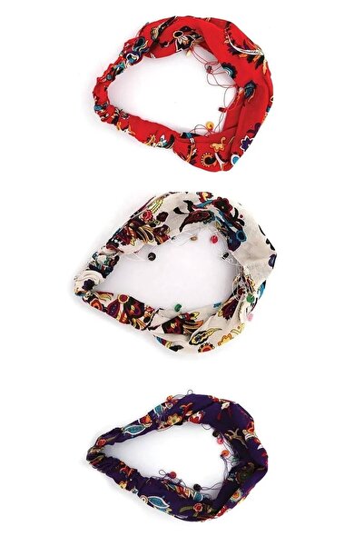 indirimsepeti Saç Bant Çiçek Desenli Lastikli Boncuklu 3 Adet