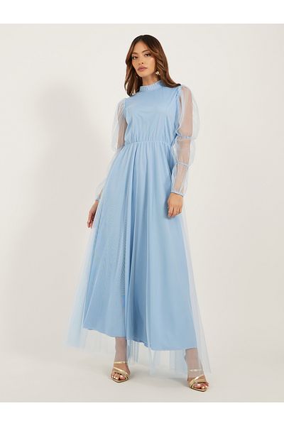 Styli U and F Women Blue Shimmery Net Maxi Dress
