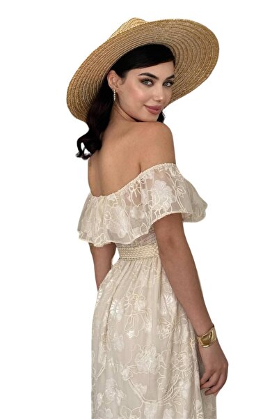 Moda Amore Kadın Abiye Elbise - Tül Üzeri Dantel ve Nakış İşlemeli Kemer Detaylı Madonna Yaka 173