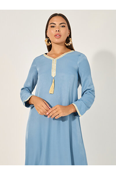 Take Two By Styli Lace Detail Tasseled V-Neck A-Line Jalabyia