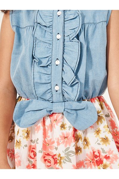 Styli Mix Media Ruffle Trim A-Line Dress