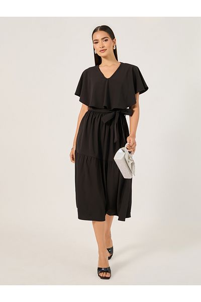 Styli Plain Cape Sleeves A-Line Midi Dress