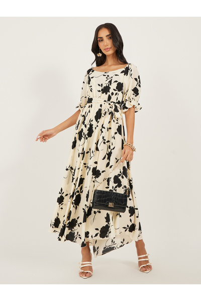 Styli فستان ميدي بقصة A وأكمام منتفخة وطبعة زهور