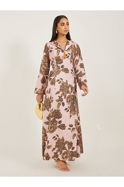 Styli Floral Jacquard Flat Collared Jalabiya with Tassel Detail