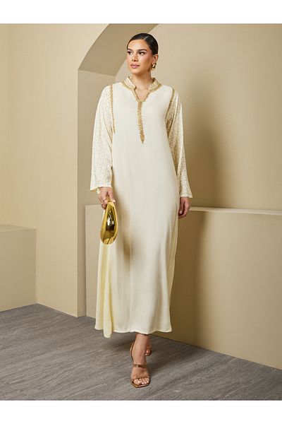 Styli Embellished Stand Collar Lace Detail A-Line Jalabyia