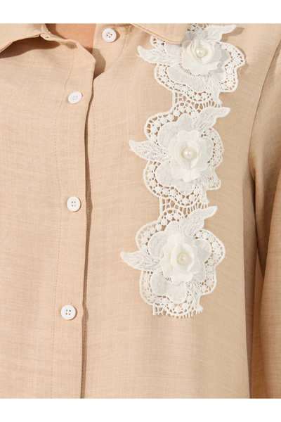 Styli Collared Lace Detail Buttoned Maxi Shirt and Trousers Set